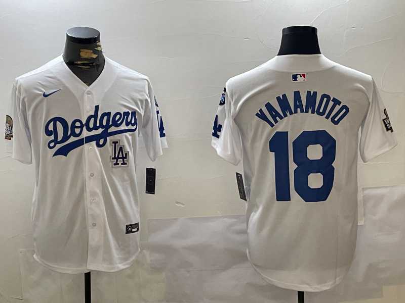 Men%27s Los Angeles Dodgers #18 Yoshinobu Yamamoto White 2024 World Series With Fernando Memorial Patch Home Limited Stitched Jersey->los angeles dodgers->MLB Jersey